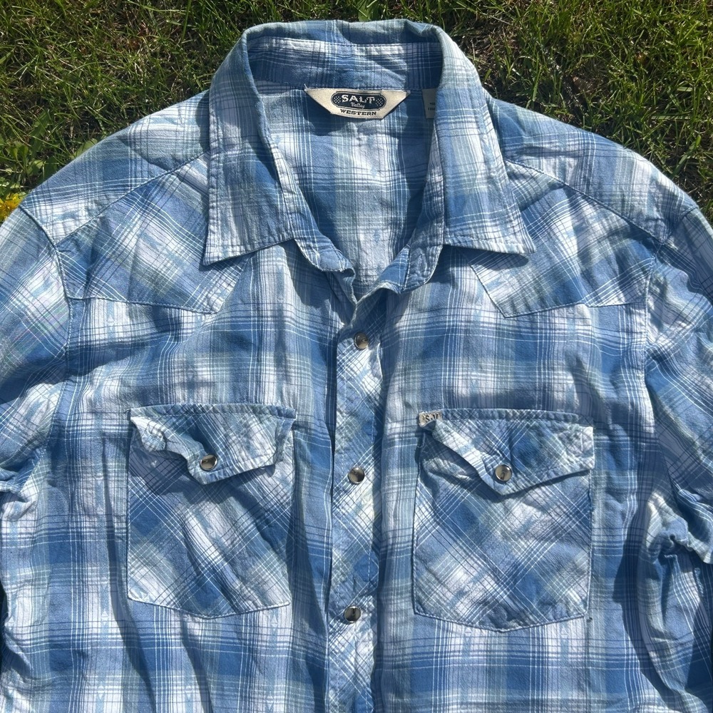 Salt Valley Western Shirt Mens L Pearl Snap Plaid Rodeo Cowboy Blue Long Pockets